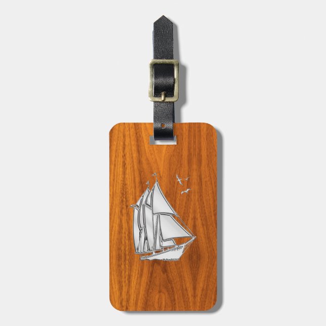 Étiquette À Bagage Chromes Silver like Sailboat on Teak Veneer (Devant Vertical)