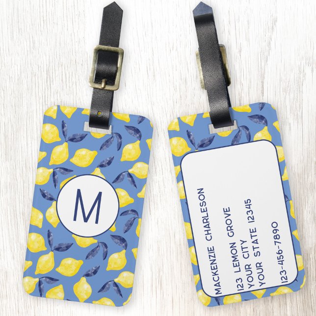 Étiquette À Bagage Citron Citrus Méditerranée Monogramme (Blue and yellow personalized monogram initial Mediterranean citrus lemon fruit luggage tag)