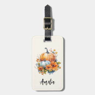 Étiquette À Bagage Citrouilles d'automne avec Fleurs et Foliage