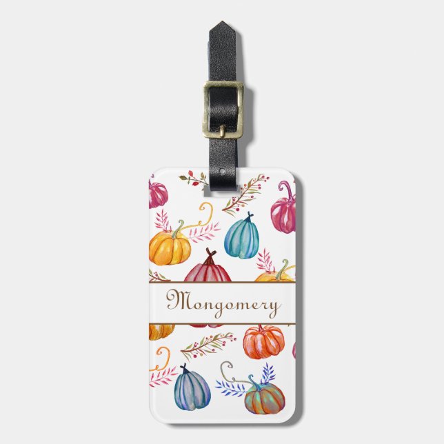 Étiquette À Bagage Citrouilles d'automne colorés Nom personnalisé Mar (Devant Vertical)