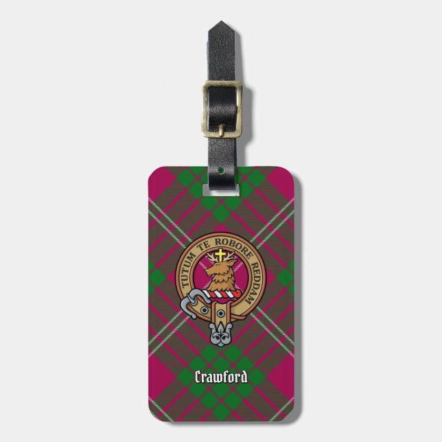 Étiquette À Bagage Clan Crawford Crest sur Tartan (Devant Vertical)