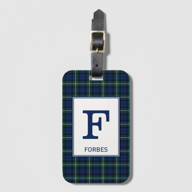 Étiquette À Bagage Clan Forbes Tartan Monogramme vert et bleu Plaid (Devant Vertical)