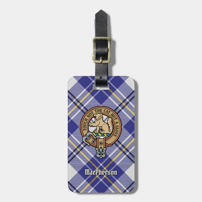 Étiquette À Bagage Clan MacPherson Crest sur la robe bleue Tartan (Devant Vertical)
