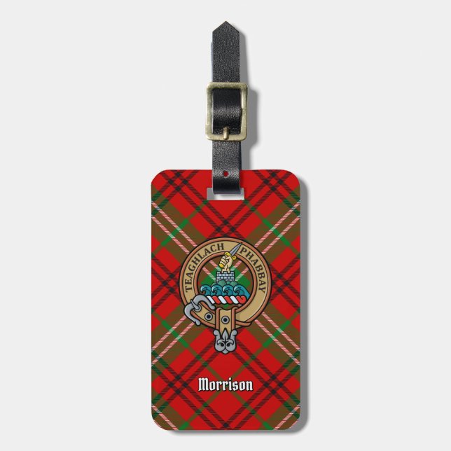 Étiquette À Bagage Clan Morrison Crest sur Red Tartan (Devant Vertical)