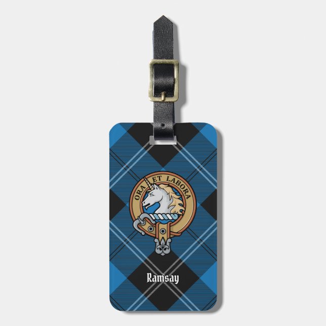 Étiquette À Bagage Clan Ramsay Crest sur Blue Hunter Tartan (Devant Vertical)
