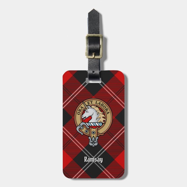 Étiquette À Bagage Clan Ramsay Crest sur Red Tartan (Devant Vertical)