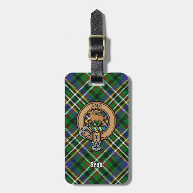 Étiquette À Bagage Clan Scott Crest sur Green Tartan (Devant Vertical)