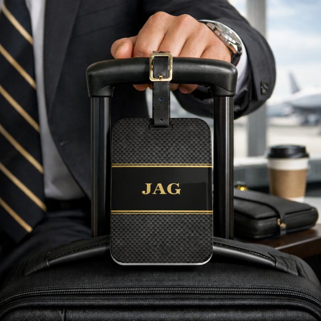 Étiquette À Bagage Classe Carbone Noir et Or Monogrammé (Créateur téléchargé)