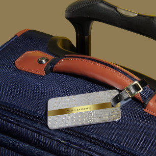 Étiquette À Bagage Classic Blanc Reptile Digital Leather Gold Metal
