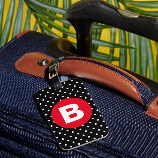 Étiquette À Bagage Classique pois noir et blanc avec monogramme rouge (Insitu Rectoal 1)