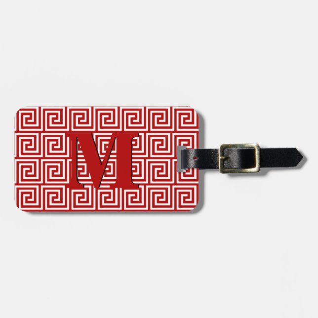 Étiquette À Bagage Clé grecque, rouge profond et blanc (Devant horizontal)