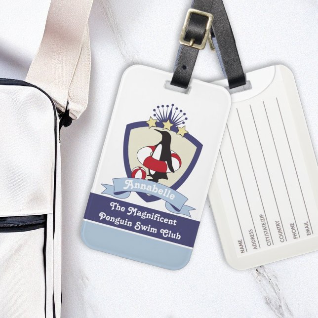 Étiquette À Bagage Club de natation Crest Cute Cartoon Penguin Enfant (Créateur téléchargé)