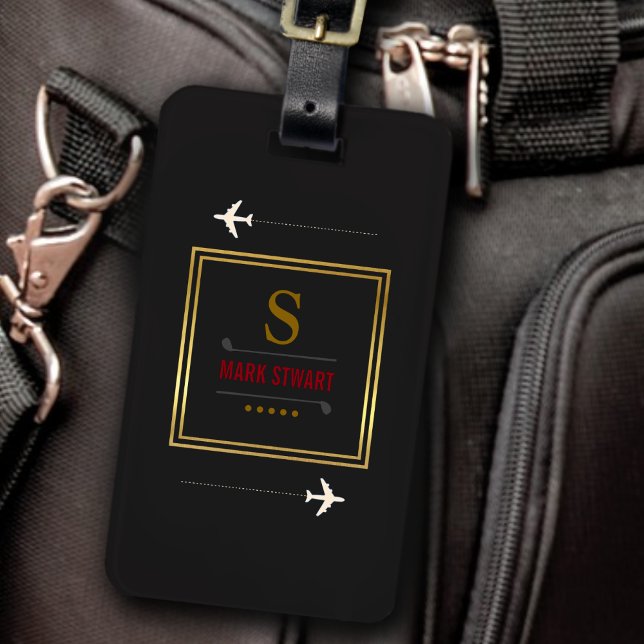 Étiquette À Bagage Clubs de golf, nom & initiale sur noir monogrammed (Créateur téléchargé)