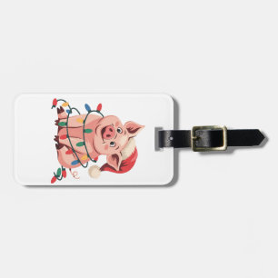 Étiquette À Bagage Cochon aux lumières de Noël portant un chapeau de