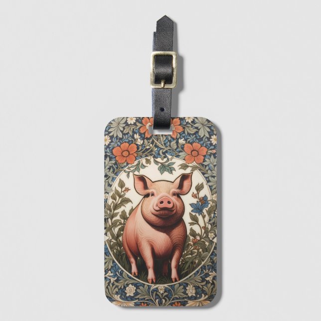 Étiquette À Bagage Cochon mignon inspiré de William Morris (Devant Vertical)