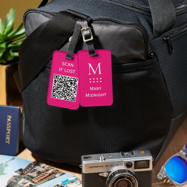 Étiquette À Bagage Code QR couleur unie Scannez si perdu Rose Néon (Recto & Verso)