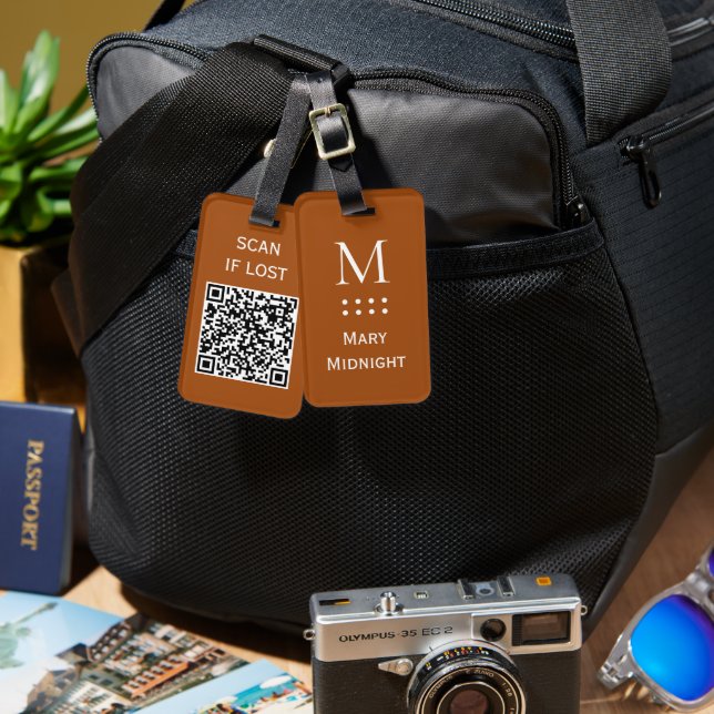 Étiquette À Bagage Code QR couleur unie Scannez si perdu Roux Sécurit (Recto & Verso)