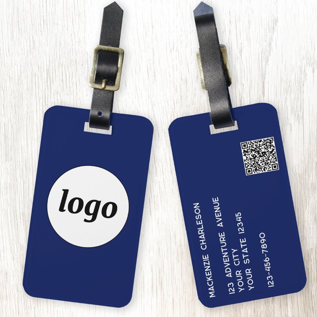 Étiquette À Bagage Code QR de logo Bleu marine Promotion commerciale (Logo QR code business branding promotional navy blue luggage tag)