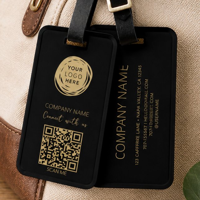 Étiquette À Bagage Code QR Logo d'entreprise Noir Moderne (Créateur téléchargé)