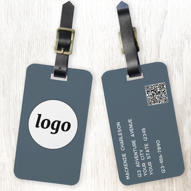 Étiquette À Bagage Code QR Logo Gris Charbon Affaires Promotionnelles (Simple logo with custom text business branding promotional QR code charcoal gray luggage tag)