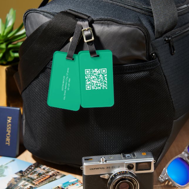 Étiquette À Bagage Code QR modifiable Générez le vôtre |  Vert sarcel (Recto & Verso)