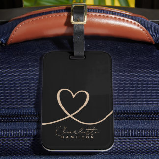 Étiquette À Bagage Coeur d'amour moderne Nom personnalisé Tan noir