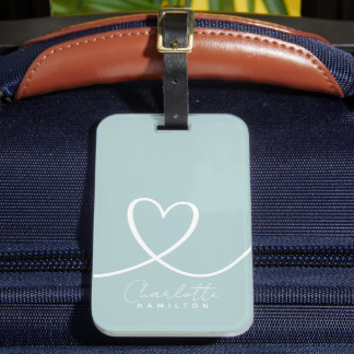 Étiquette À Bagage Coeur d'amour moderne Nom personnalisé Vert Blanc