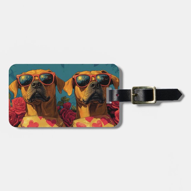 Étiquette À Bagage Cœur de Rhodesian Ridgeback Roses Saint-Valentin (Devant horizontal)