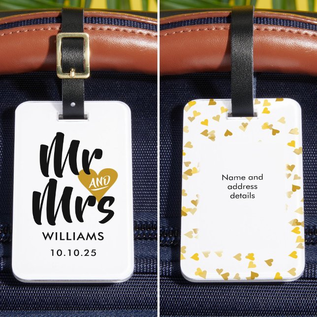 Étiquette À Bagage Cœur doré personnalisé Mr et Mme (Personalized Gold Heart Mr and Mrs Luggage Tag)