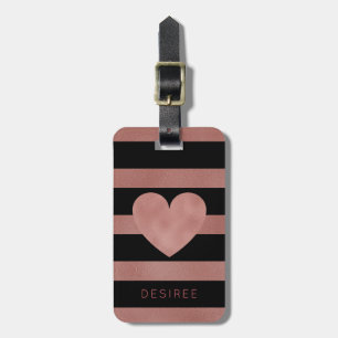Étiquette À Bagage Coeur rose de feuille d'or de rayures noires