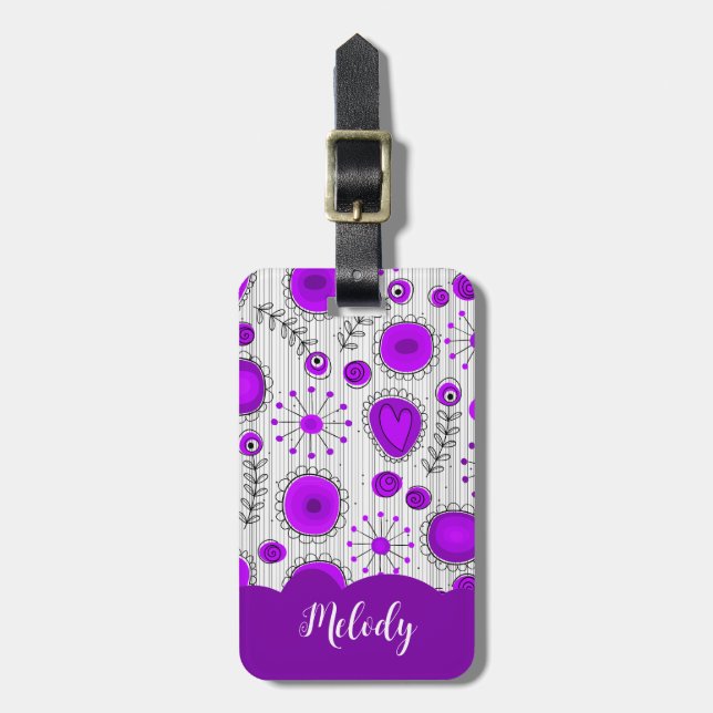 Étiquette À Bagage Coeurs blancs violet blanc Whimsical fleurs nom fl (Devant Vertical)