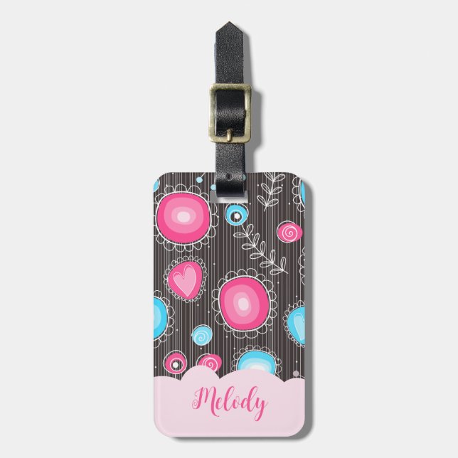 Étiquette À Bagage Coeurs bleu rose blanc et nom floral des fleurs (Devant Vertical)