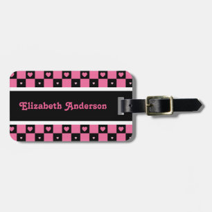 Étiquette À Bagage Coeurs Checkered roses et noirs modernes avec le