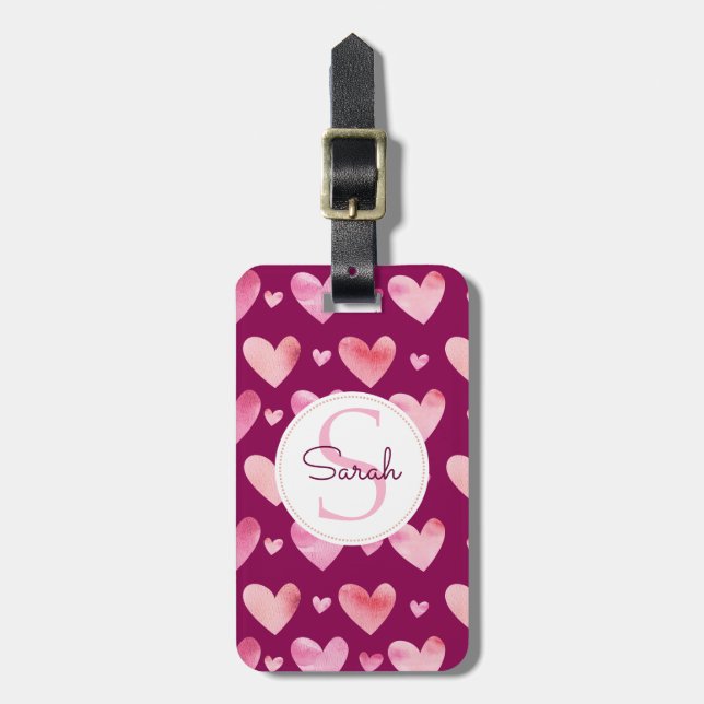 Étiquette À Bagage Coeurs d'aquarelle rose Valentines & Monogrammes (Devant Vertical)