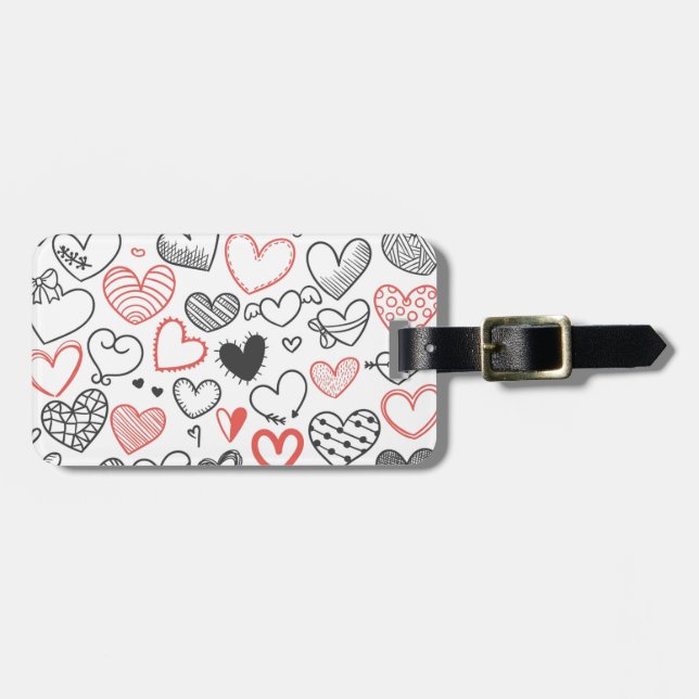 Étiquette À Bagage Coeurs de doodle Valentine rouge et noir hipster (Devant horizontal)