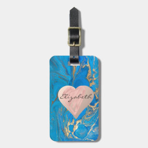 Étiquette À Bagage Cœurs de fille chic, Marbre bleu or - Personnalisé