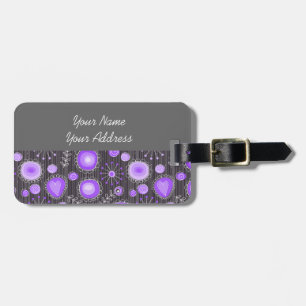 Étiquette À Bagage Coeurs gris violet blanc et fleurs florales