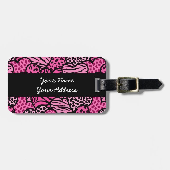 Étiquette À Bagage Coeurs posters de animaux roses et noirs (Devant horizontal)