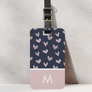 Étiquette À Bagage Cœurs roses et bleu marine personnalisable avec in