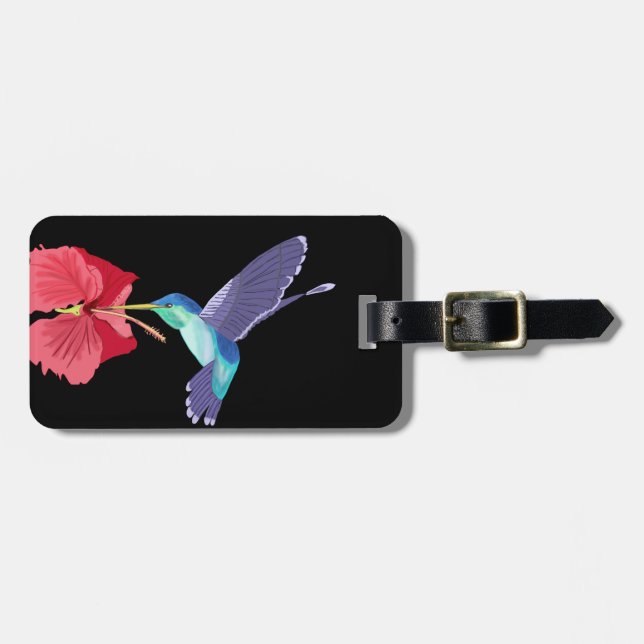 Étiquette À Bagage Colibri bleu et vert et Hibiscus rouge (Devant horizontal)