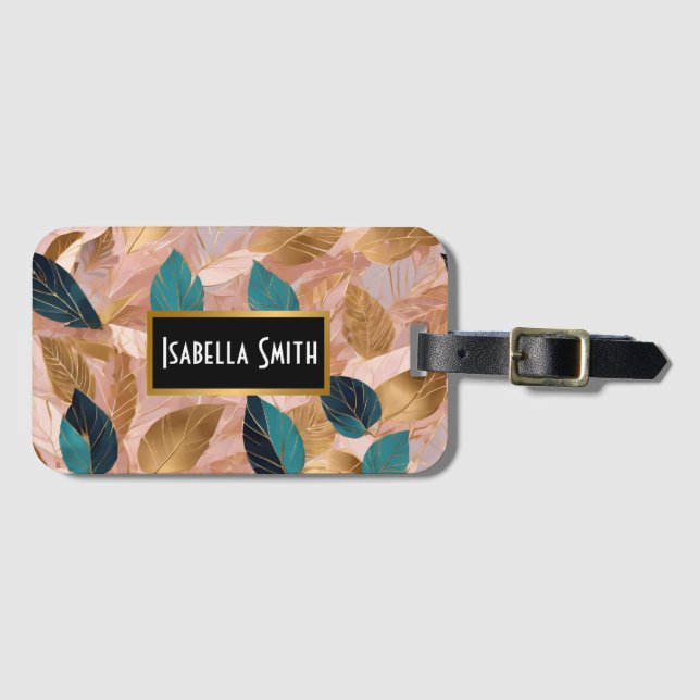 Étiquette À Bagage Collection moderne de Feuilles Boho en or rose vif (Devant Horizontal)