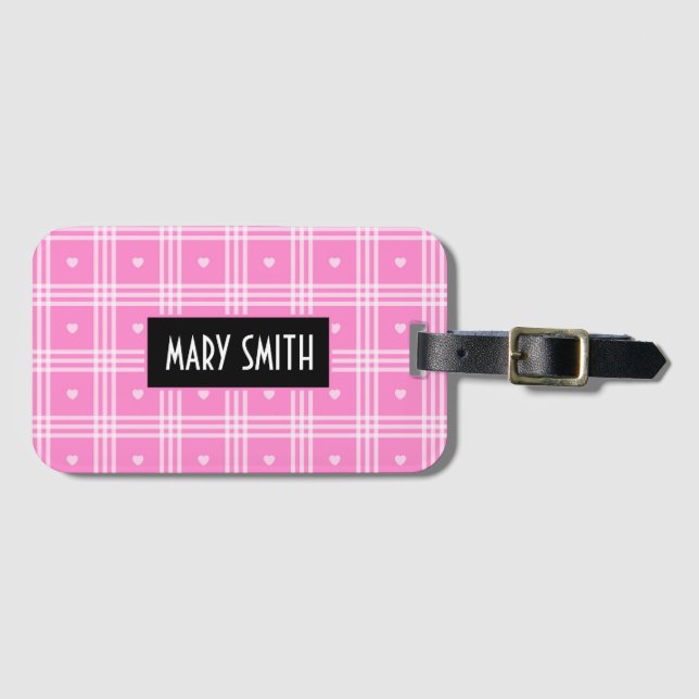 Étiquette À Bagage Collection moderne Plaid Pink Heart (Devant Horizontal)