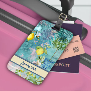 Étiquette À Bagage Collier chic bleu turquoise sicilien agrus floral