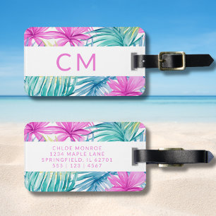 Étiquette À Bagage Coloré Preppy Monogrammé Motif Tropical Rose