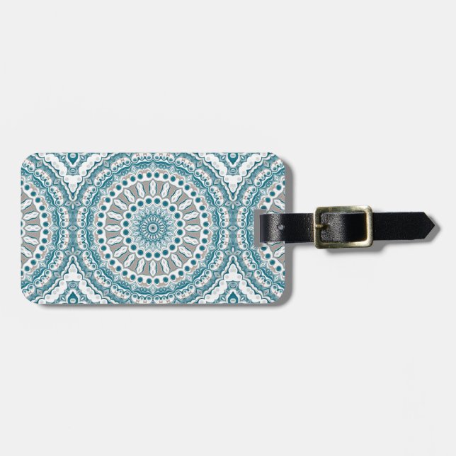 Étiquette À Bagage Conception de mandala nautique bleu océan et blanc (Devant horizontal)