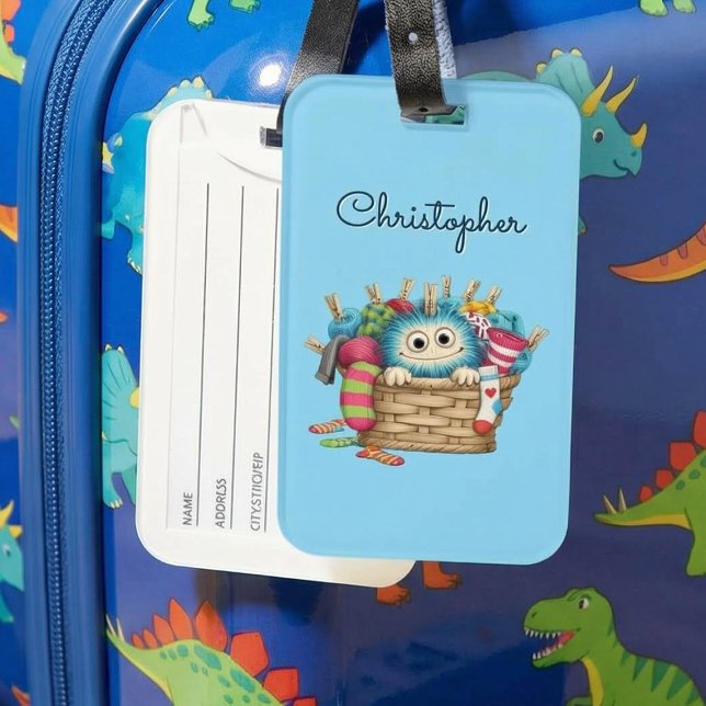 Étiquette À Bagage Conception de monstre de chaussette bleu mignon et (Créateur téléchargé)