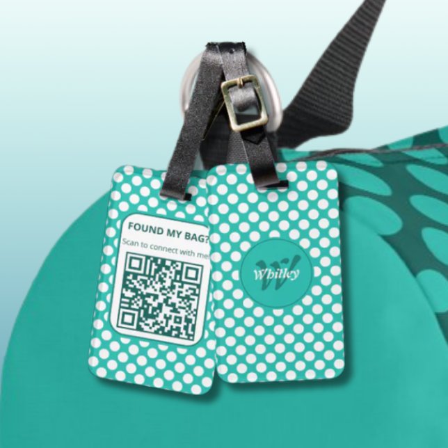 Étiquette À Bagage Conception de points polka élégants Code QR dynami (Stylish Polka Dots Design Smart Dynamic QR Code Luggage Tag - Monogram & Name - Found Bag Contact)