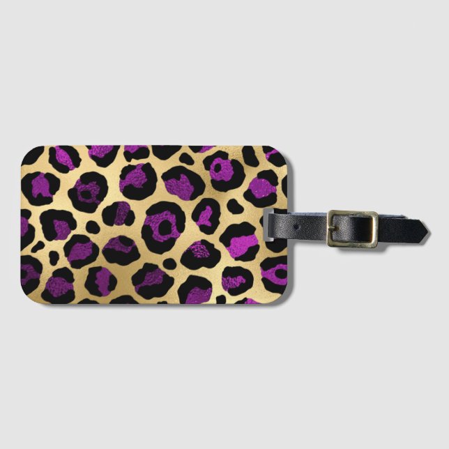 Étiquette À Bagage Conception de série Leopard violet et or 4 (Devant Horizontal)