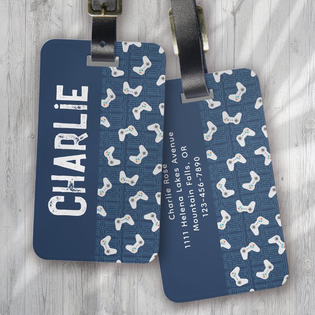 Étiquette À Bagage Contrôleur de jeu vidéo Nom de monogramme bleu (Créateur téléchargé)