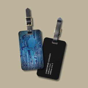 Étiquette À Bagage Cool Elegant Blue Circuit Board Noir